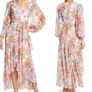 Eliza J Floral Chiffon Ruffle V Neck Tie Waist Maxi Dress Size 10 NWT High Low